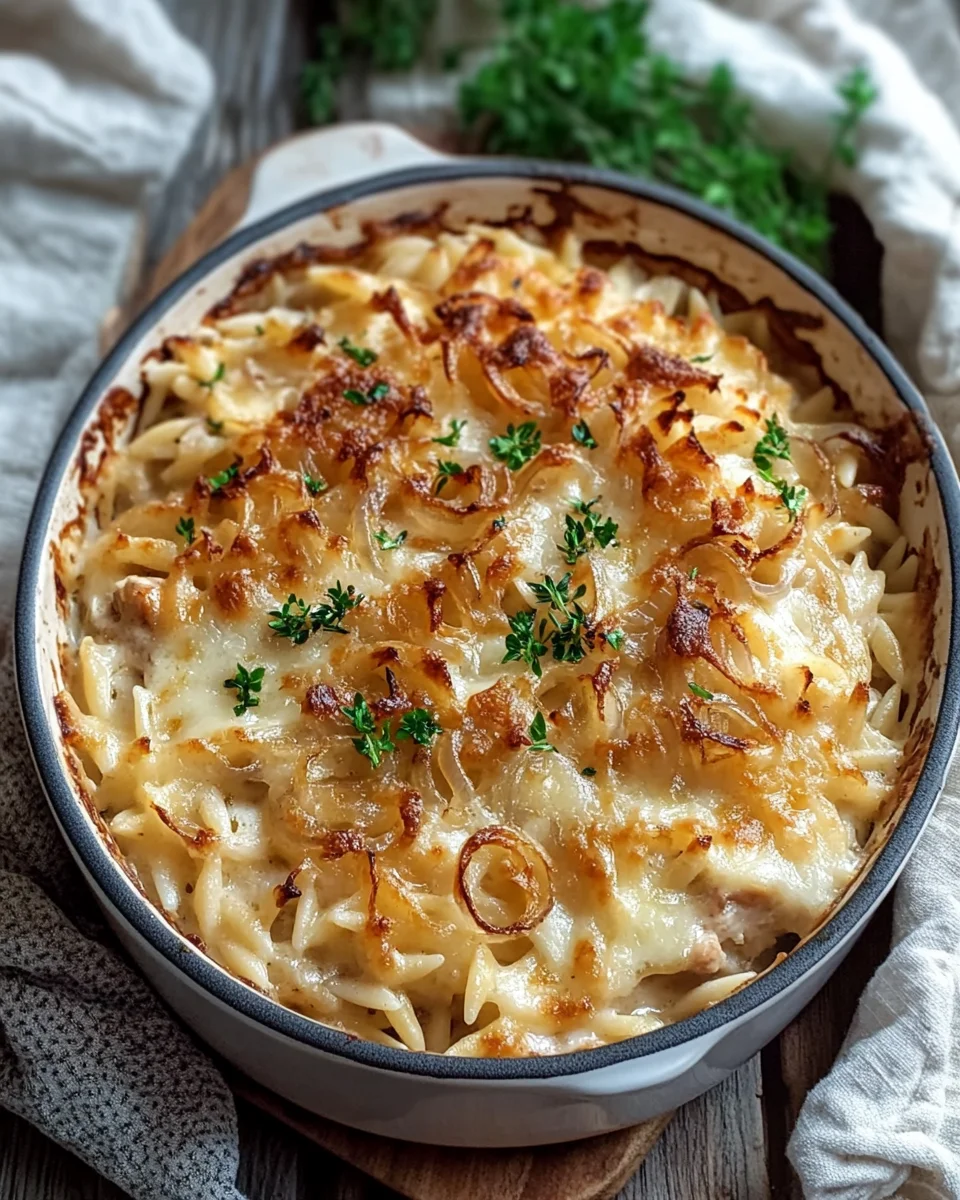 French Onion Chicken Orzo Casserole