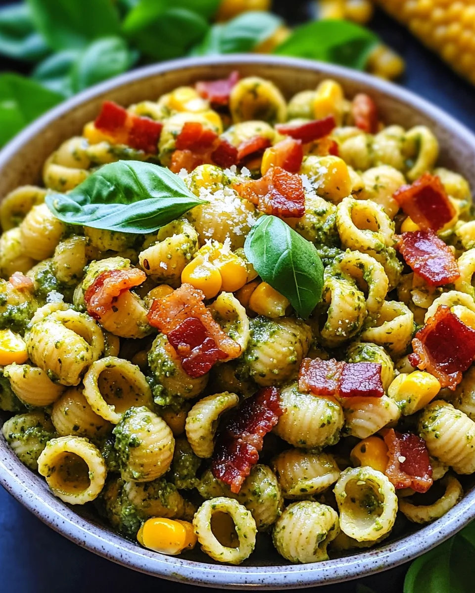 Corn Pasta Salad with Bacon and Creamy Pesto Dressing