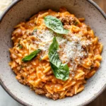 Ground Beef Orzo with Tomato Cream Sauce