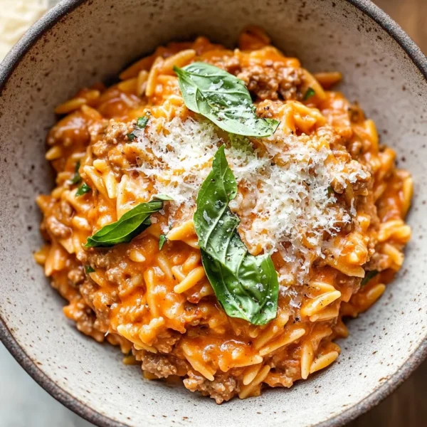 Ground Beef Orzo with Tomato Cream Sauce