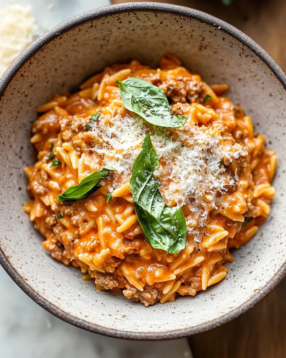 Ground Beef Orzo with Tomato Cream Sauce