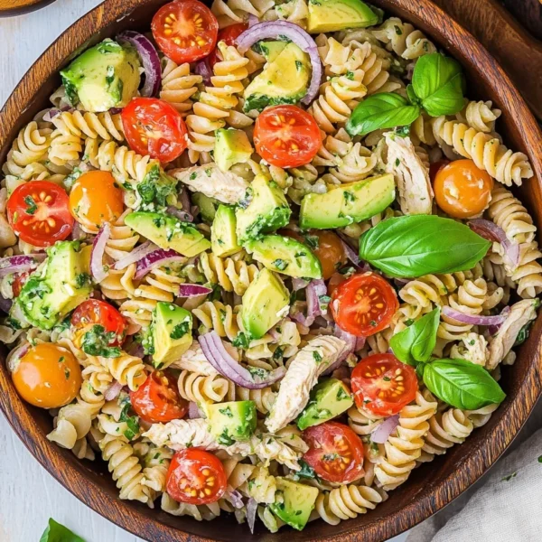 Healthy Chicken Pasta Salad with Avocado, Tomato, and Basil