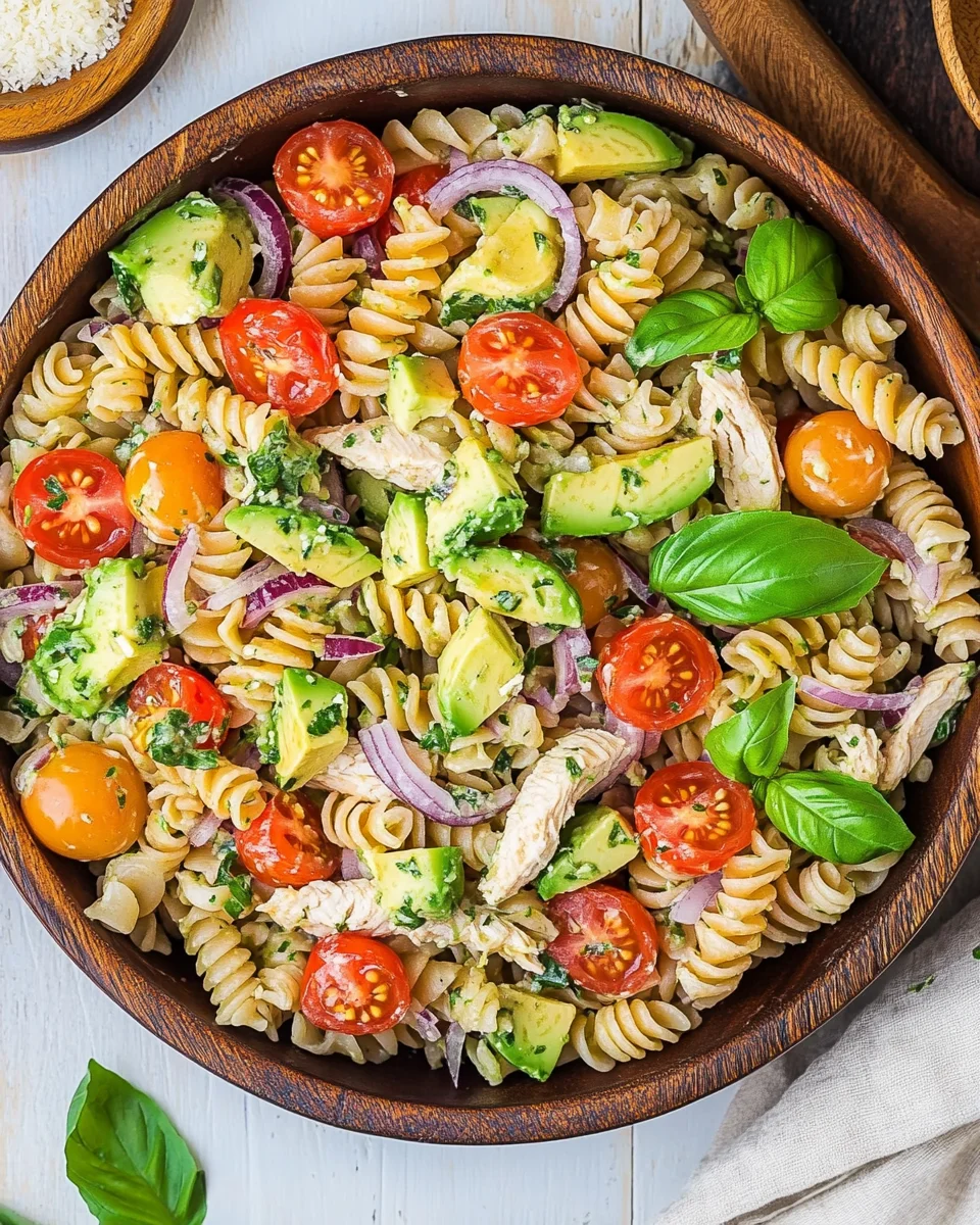 Healthy Chicken Pasta Salad with Avocado, Tomato, and Basil