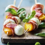 Mozzarella, Prosciutto, and Pickled Peach Appetizer Skewers