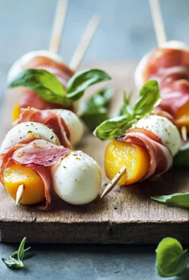 Mozzarella, Prosciutto, and Pickled Peach Appetizer Skewers