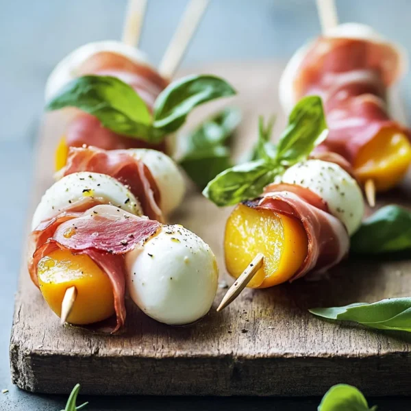 Mozzarella, Prosciutto, and Pickled Peach Appetizer Skewers
