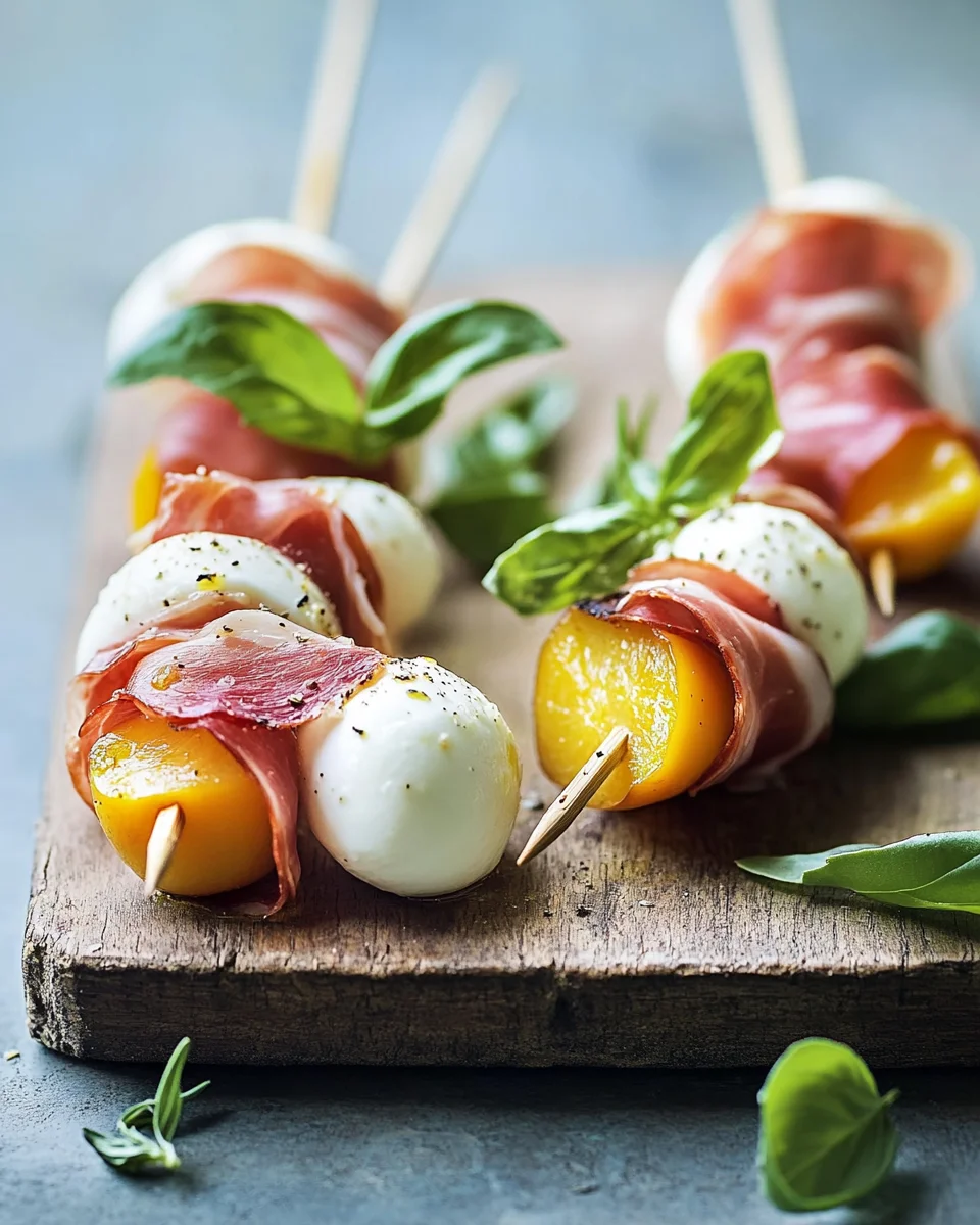 Mozzarella, Prosciutto, and Pickled Peach Appetizer Skewers